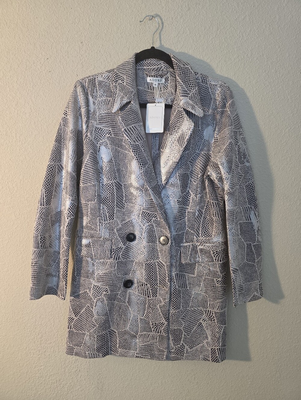 Adore Metallic Iradescent Pink Silver & Black Patterned Long Blazer